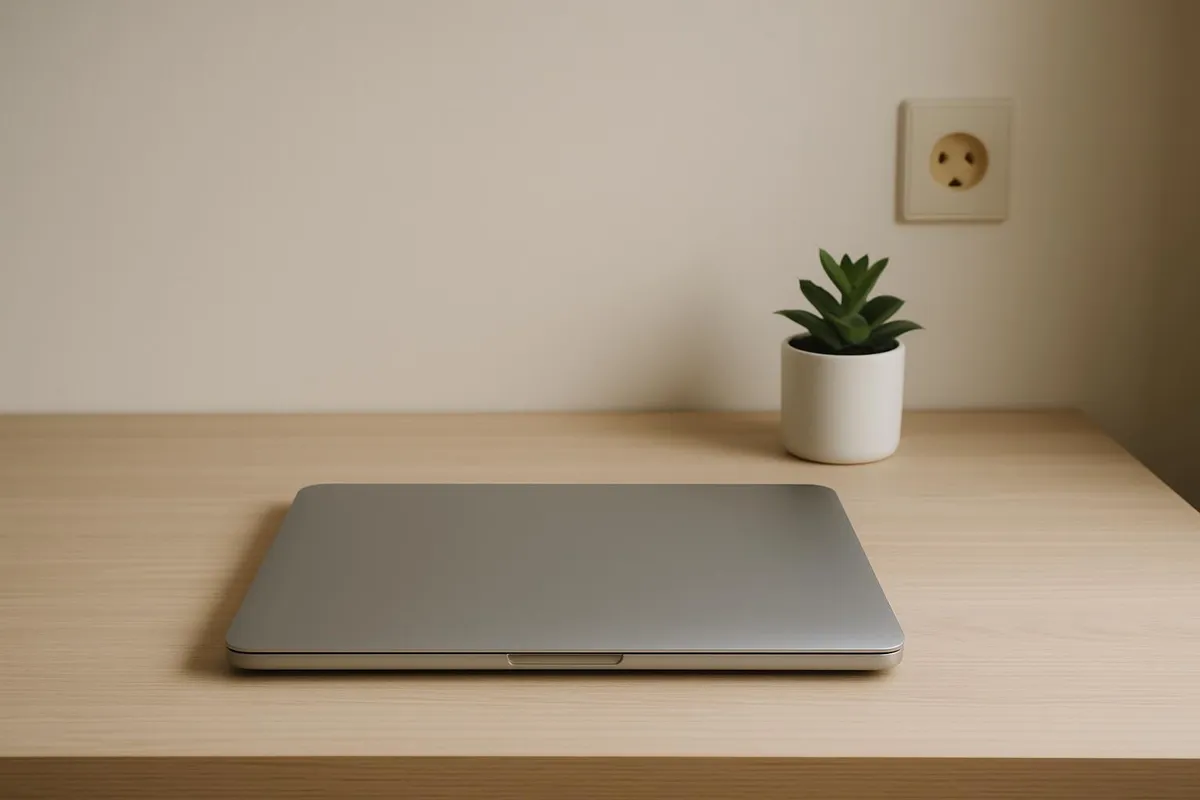 Minimal desk with a closed laptop, symbolizing a tidy shutdown