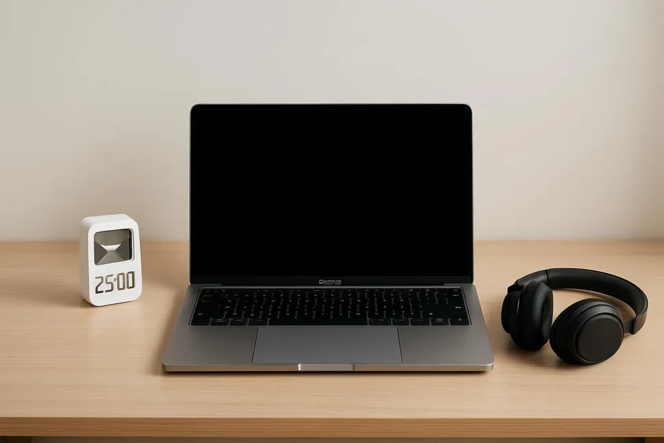 Minimal desk with a laptop, timer, and headphones for focus