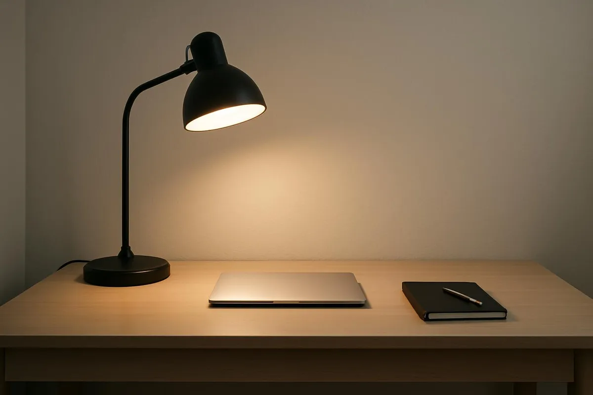 Minimal desk with glowing task lamp and clean surface, signaling work is done