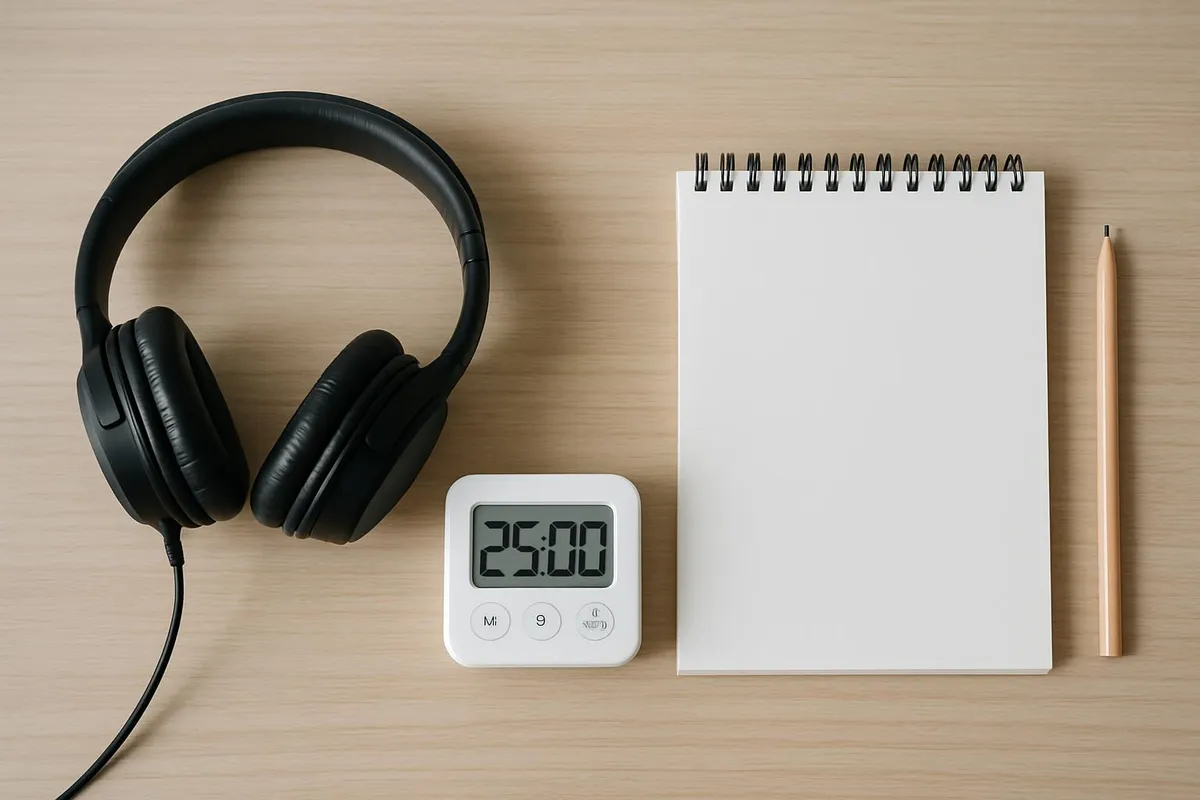Minimal desk with headphones, a timer, and a notepad