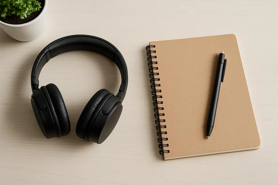 Minimal desk with headphones and notebook