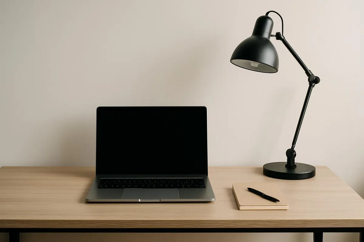 Minimal desk with laptop and lamp, ready for focused deep work