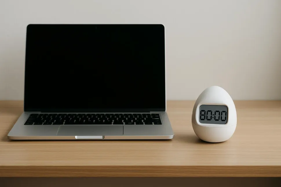 Minimal desk with laptop and timer indicating focused work