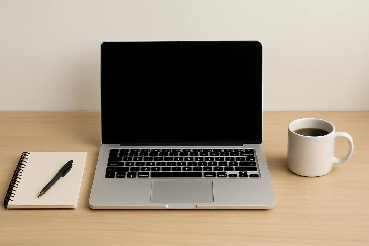 Minimal desk with laptop, notebook, and coffee ready for deep work