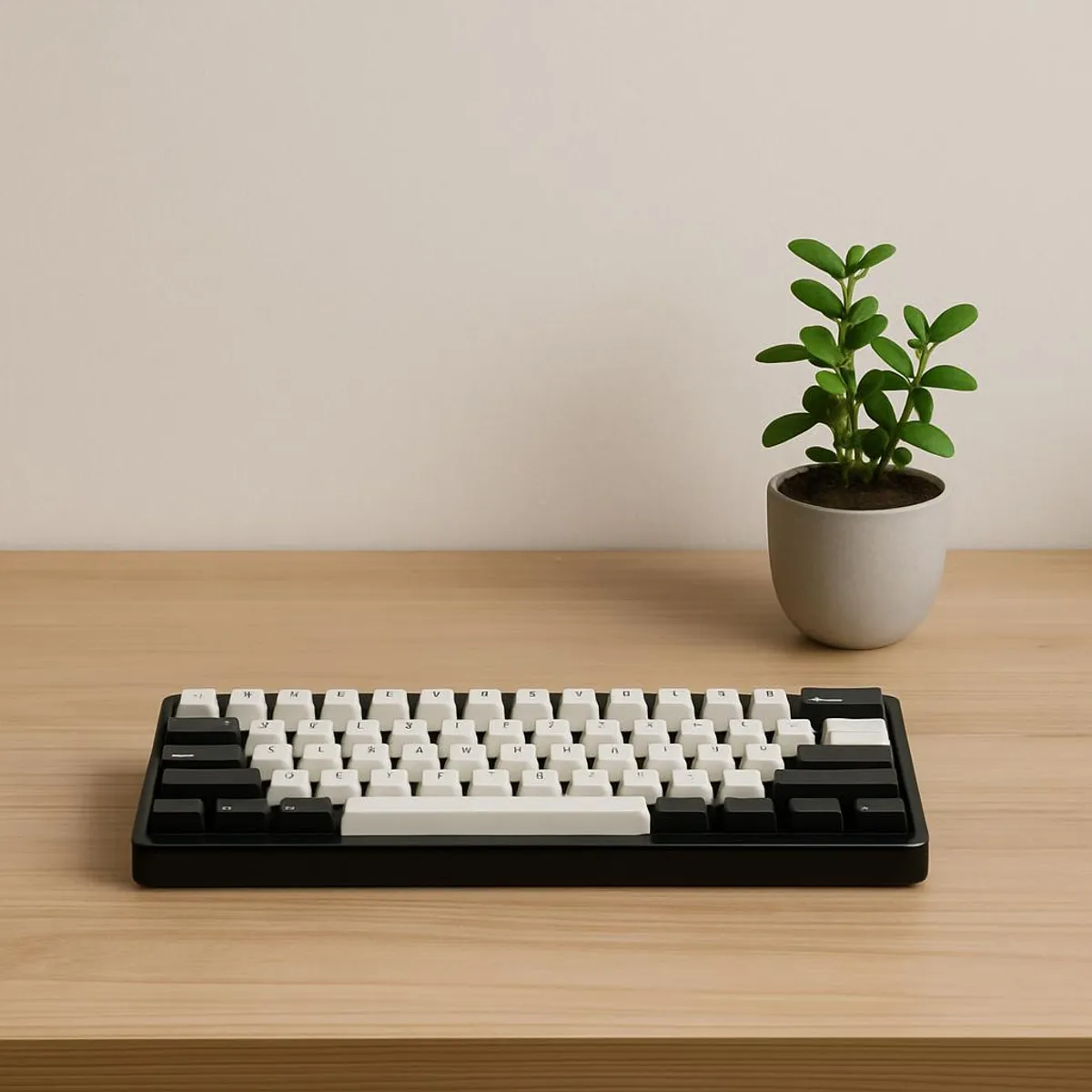Minimal desk with mechanical keyboard and a small plant