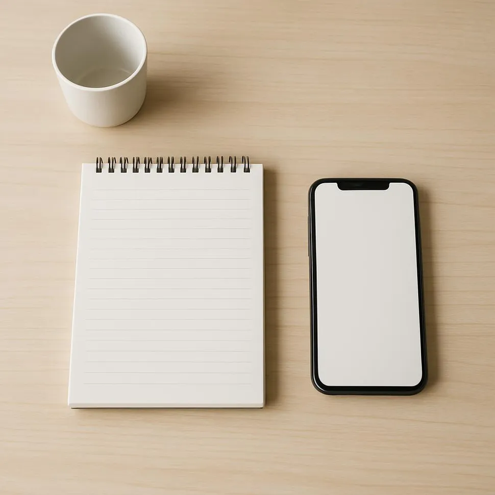Minimal desk with notebook and phone