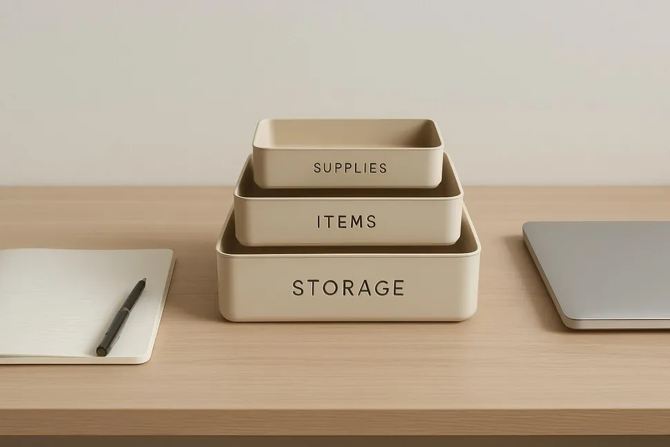 Minimal desk with simple trays and labels