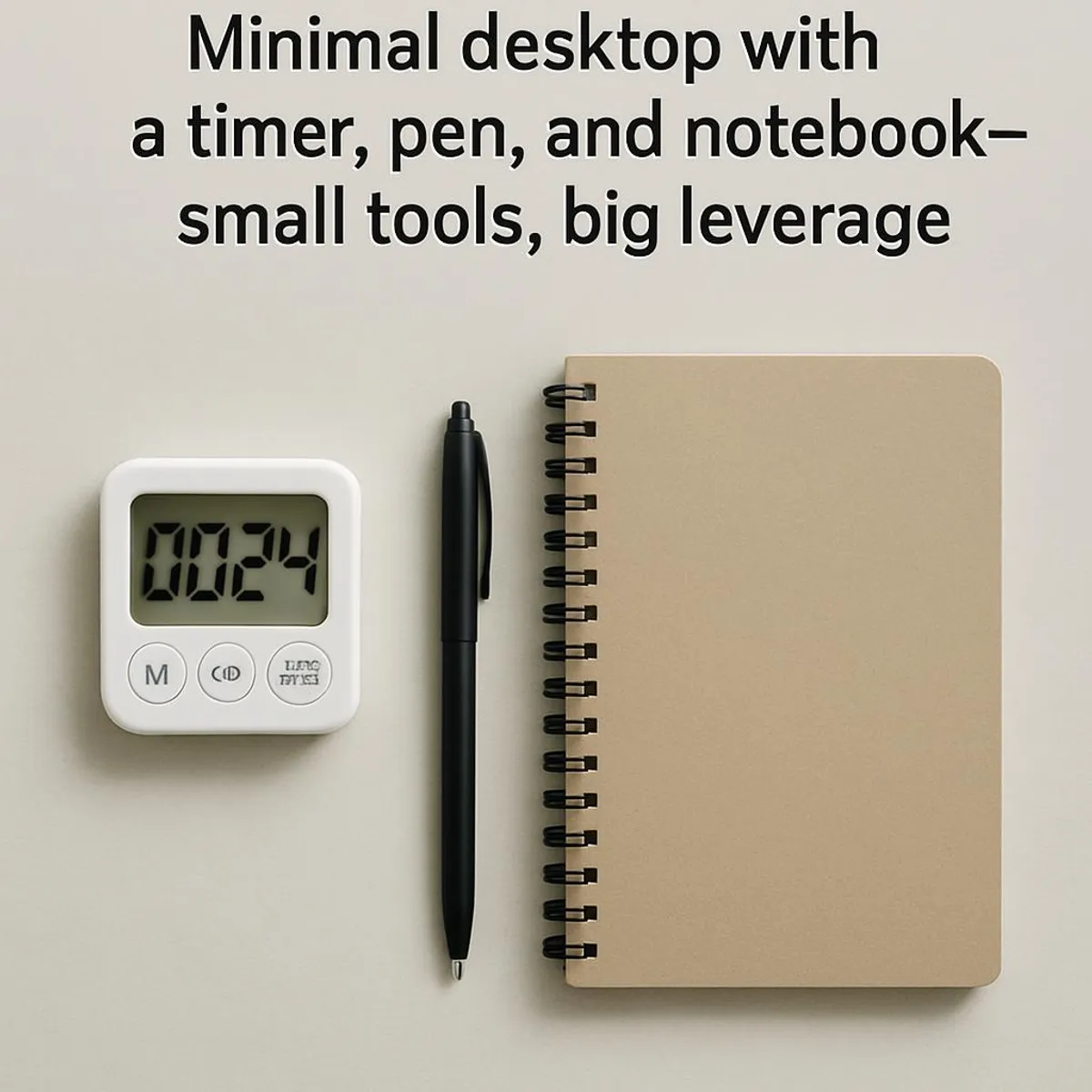 Minimal desktop with a timer, pen, and notebook—small tools, big leverage.