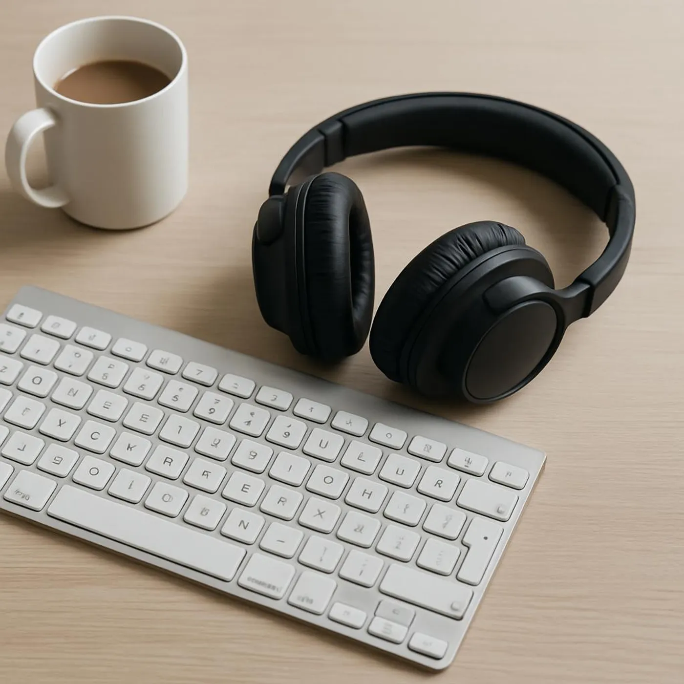 Minimal desktop workspace with headphones and keyboard