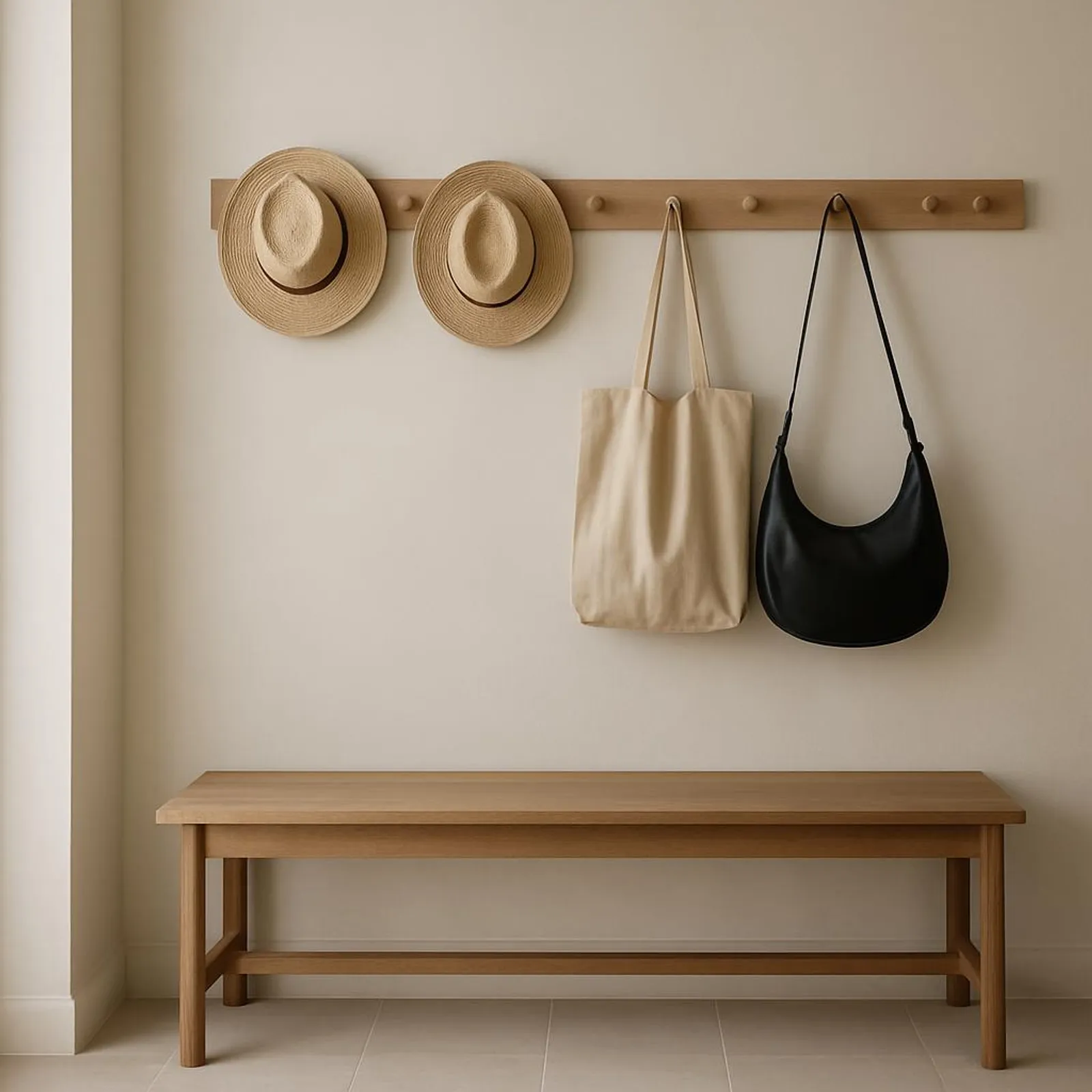 Minimal entryway with peg rail holding bags and hats above a bench