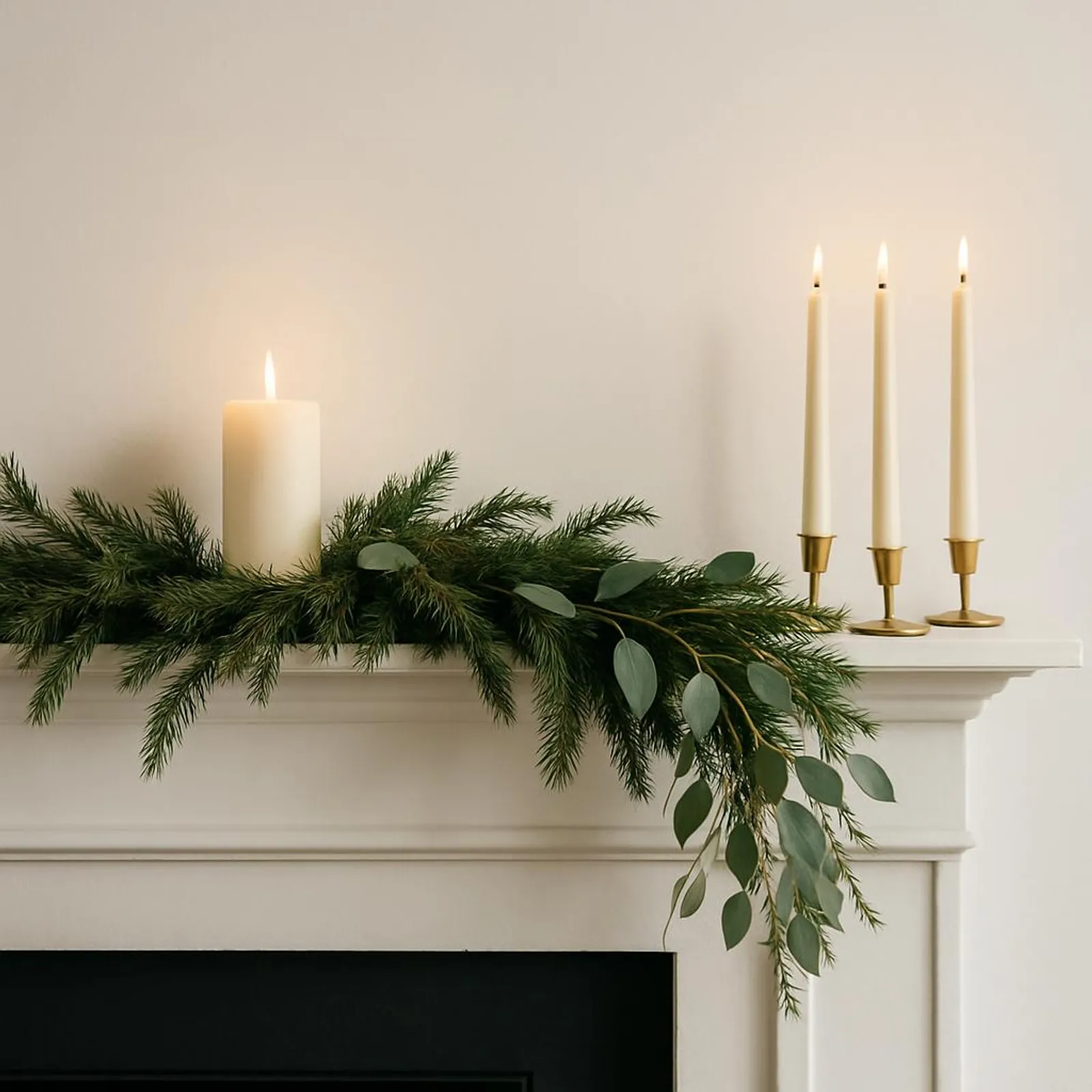 Minimal holiday mantle with greenery and a few candles—calm, elegant, zero clutter.