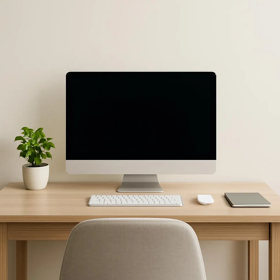 Minimal home office desk setup with a small plant