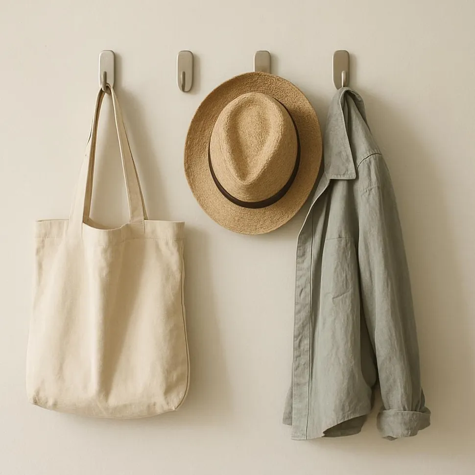 Minimal hooks with a bag, hat, and light jacket hanging