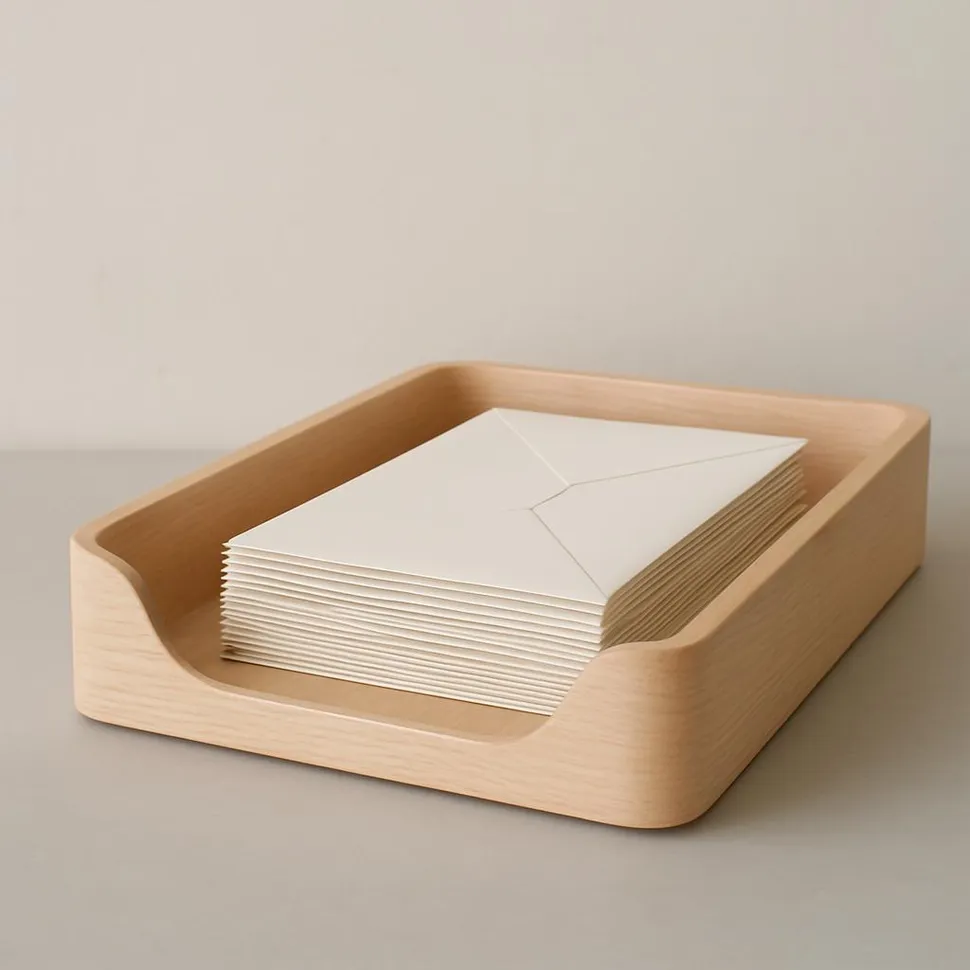 Minimal in-tray with neatly stacked envelopes