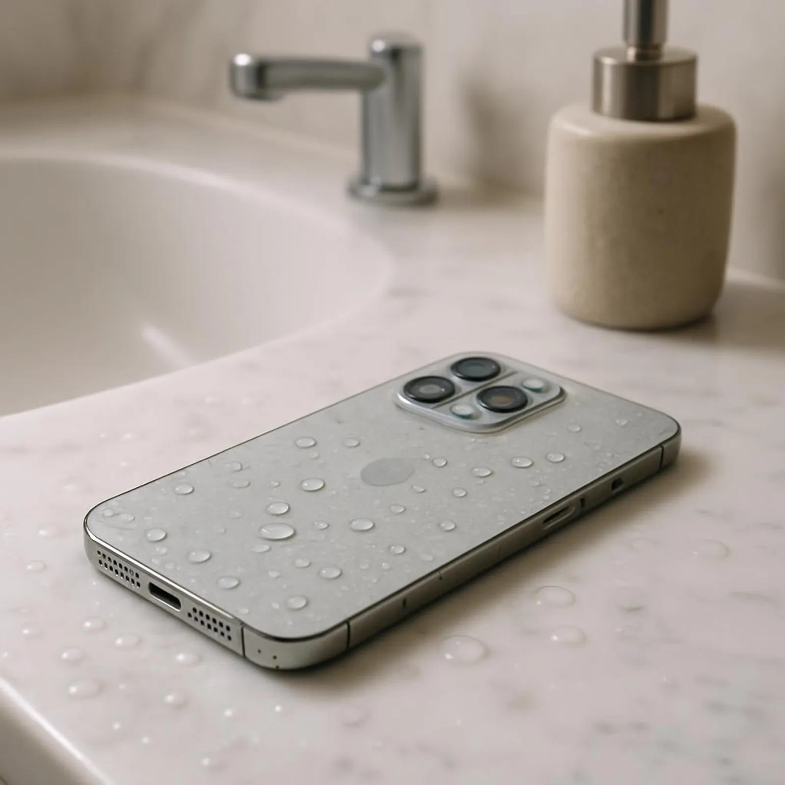 Minimal iPhone on a bathroom vanity with water droplets