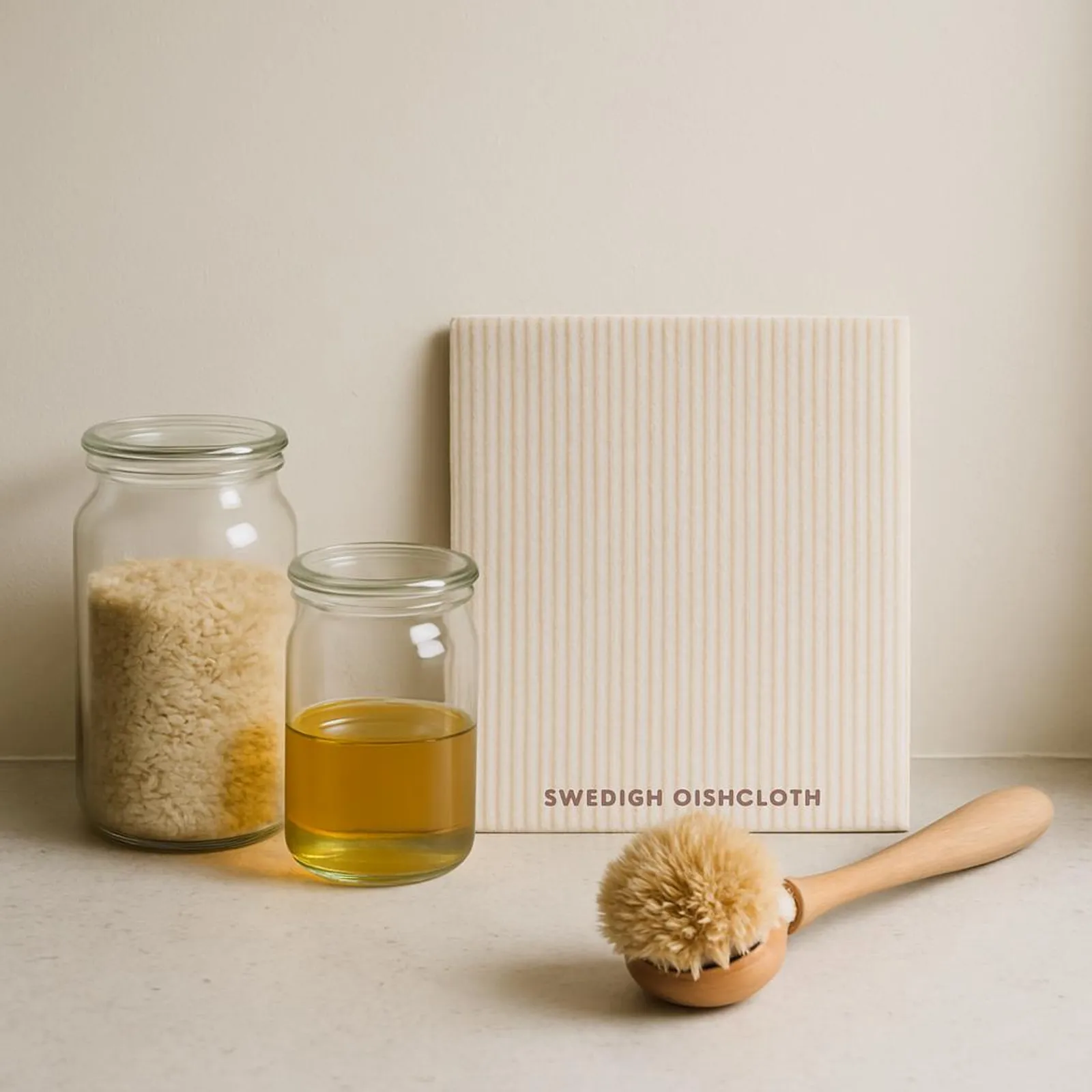 Minimal kitchen scene with Swedish dishcloth, glass jars, and a wooden brush