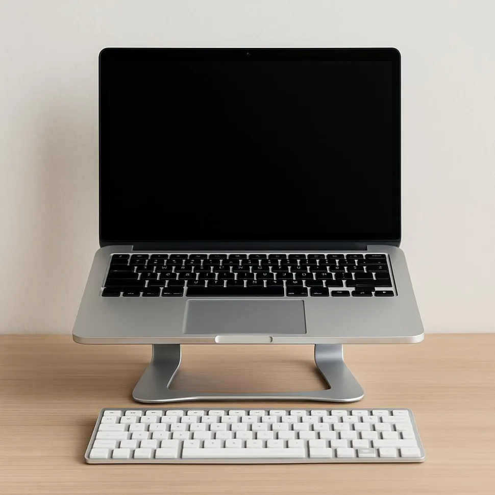 Minimal laptop setup on a stand with wireless keyboard