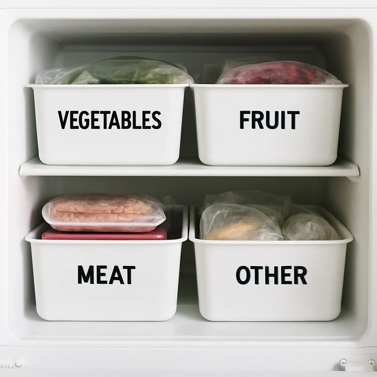 Minimal, neatly organized freezer with labeled bins