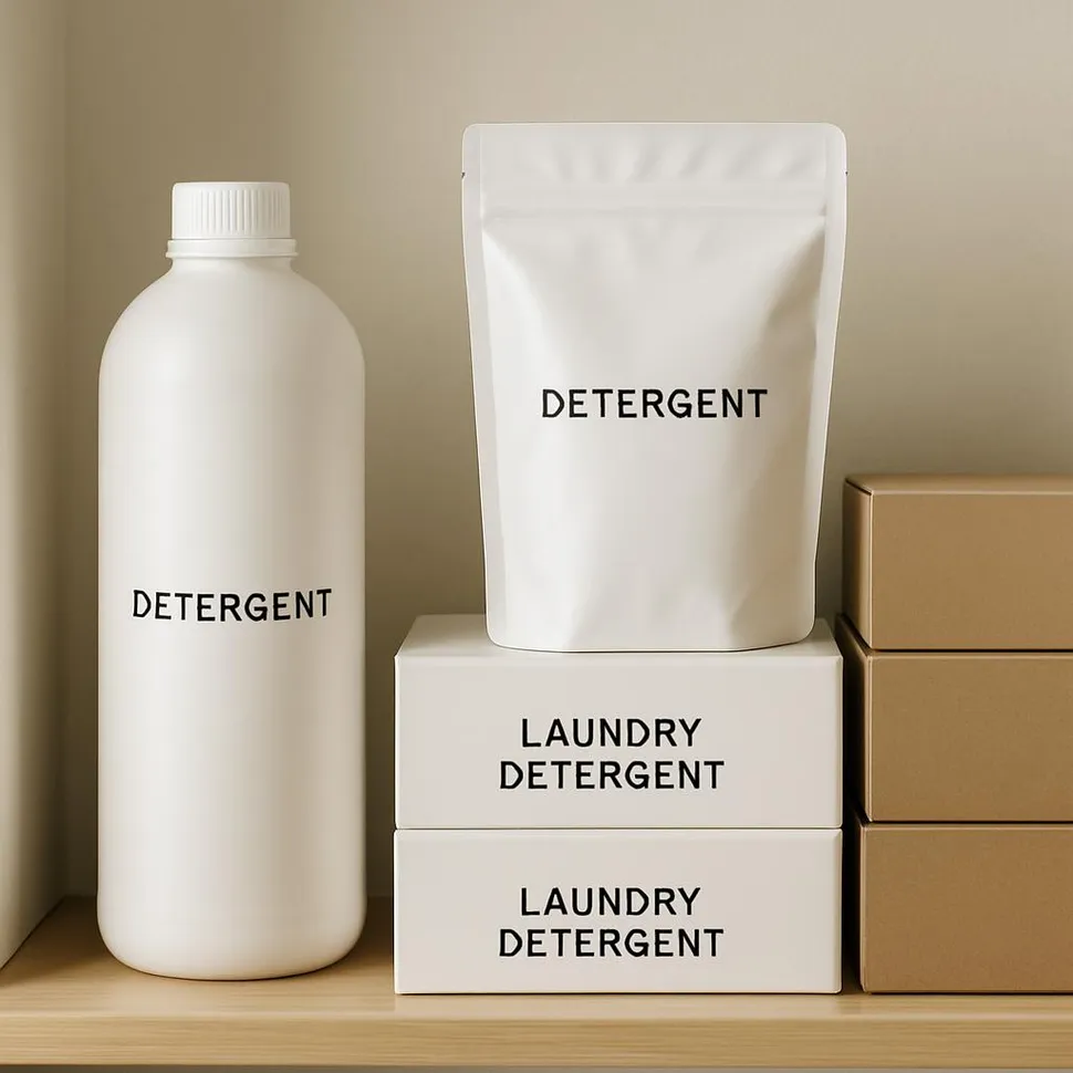 Minimal packaging detergents stacked in a neat laundry shelf.
