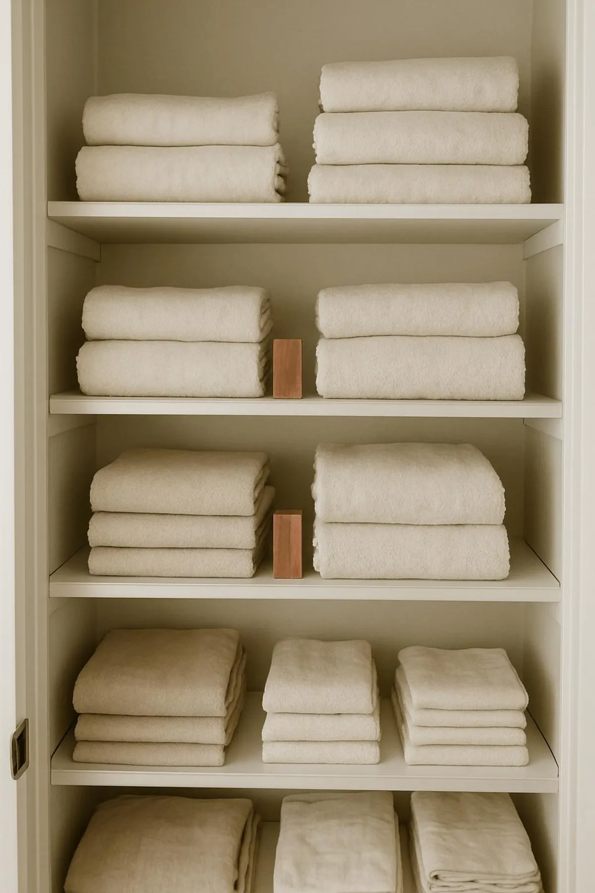 Minimal, spa-like linen closet with neutral linens and cedar blocks