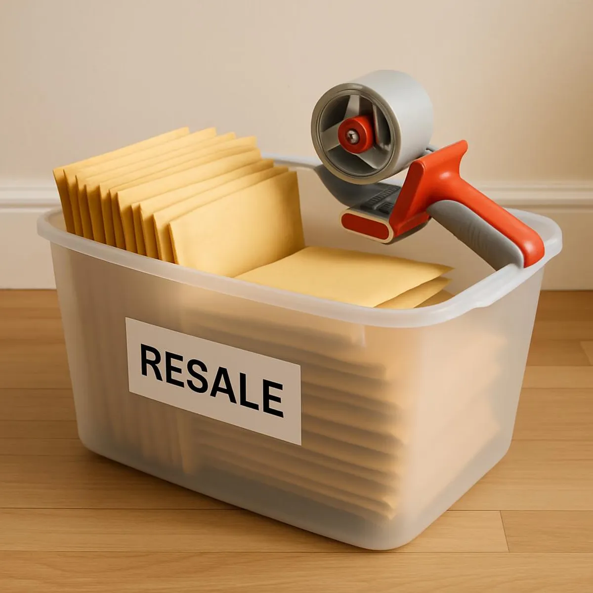 Minimal storage bin labeled 'Resale' with a small tape gun and mailers.