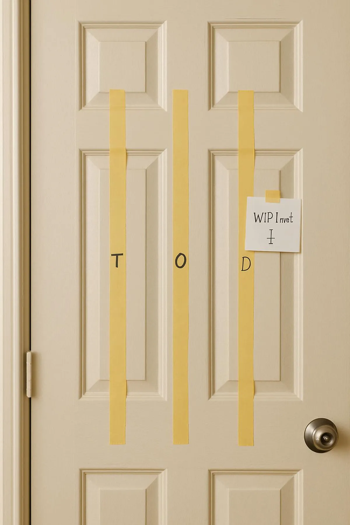 Minimal taped columns on a door with a small WIP limit note
