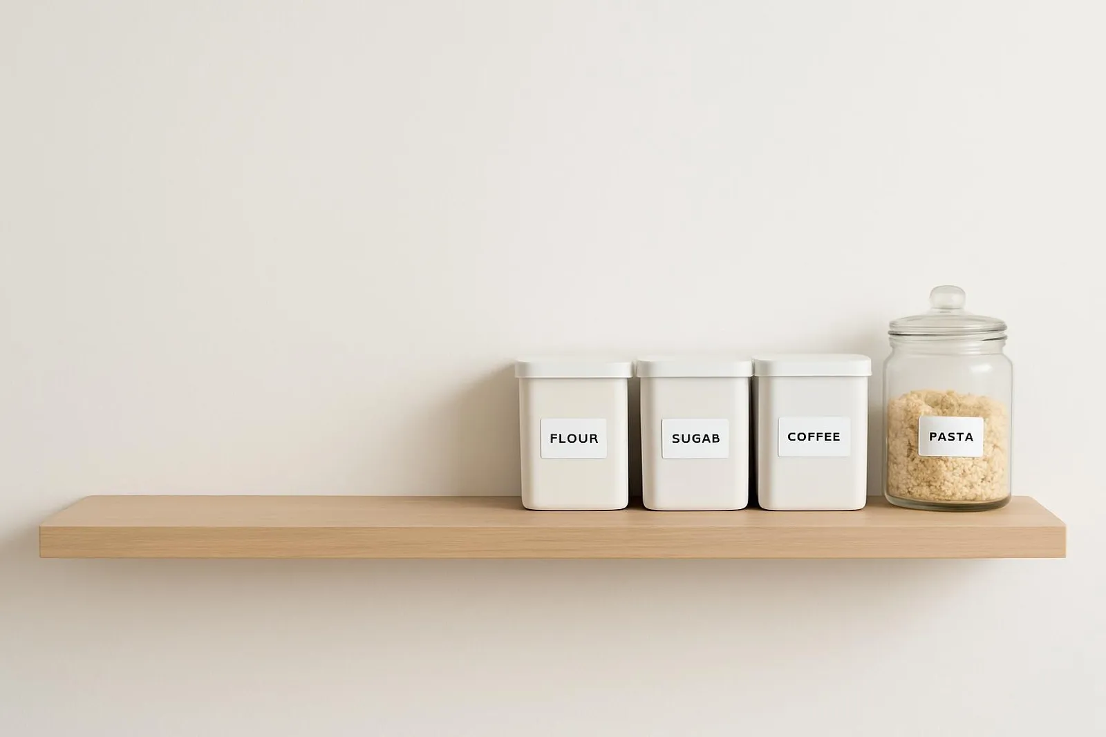 Minimal, tidy shelf with a few labeled containers and lots of open space