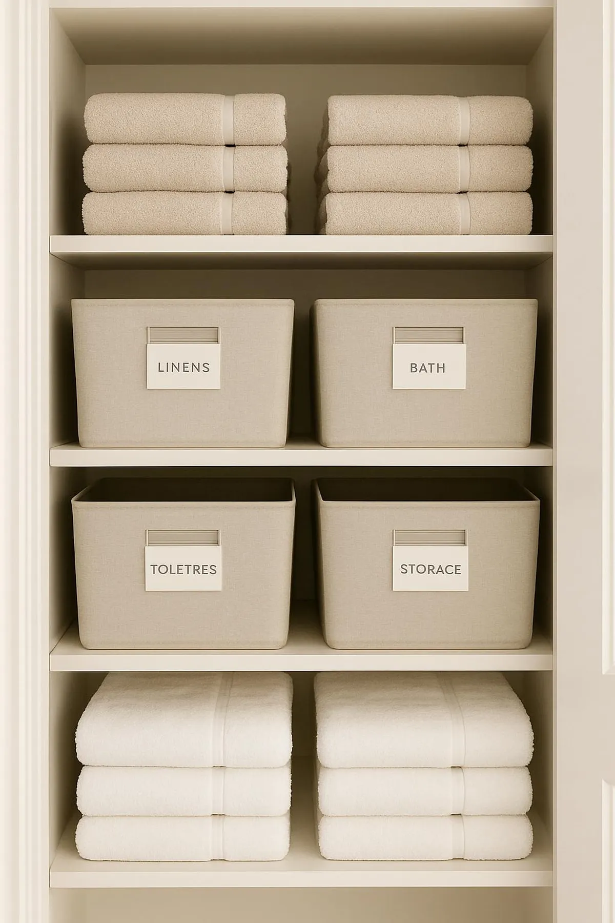 Minimal, well-organized linen closet with labeled bins and neatly folded towels