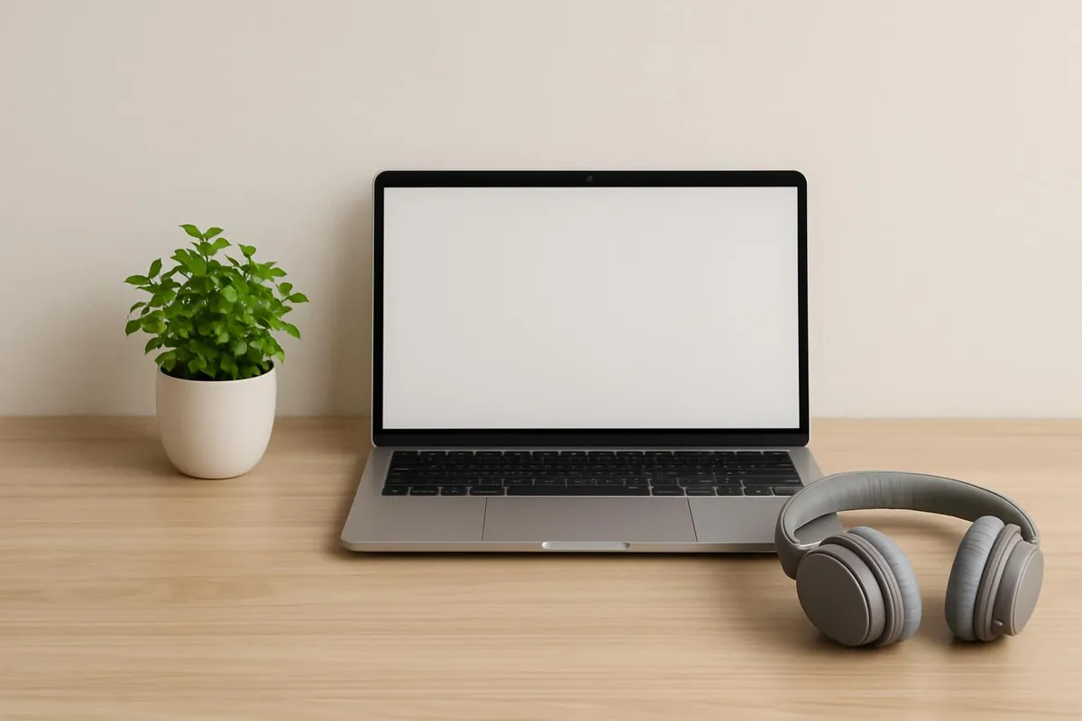 Minimal workspace with headphones and a small plant, calm and ready