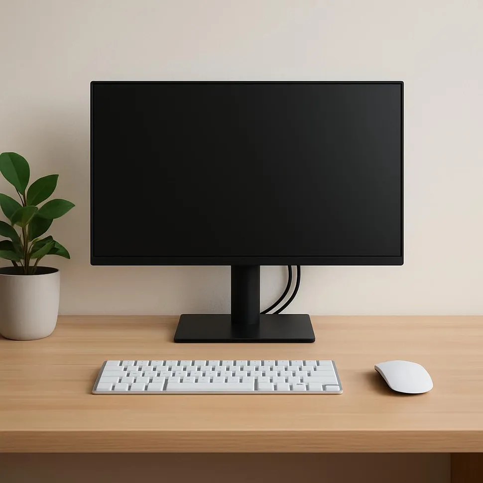 Minimal workspace with tidy cables behind a monitor