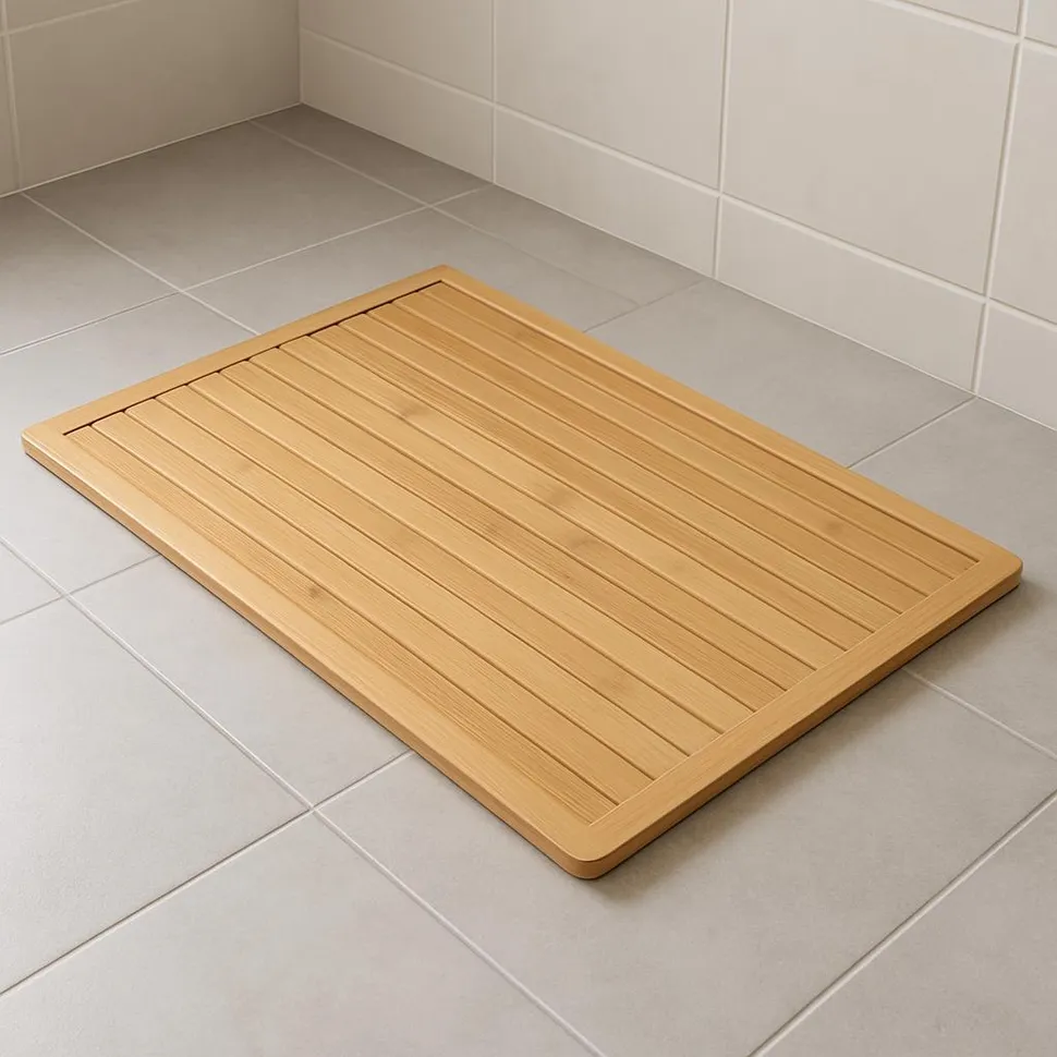 Minimalist bamboo bath mat on tile floor