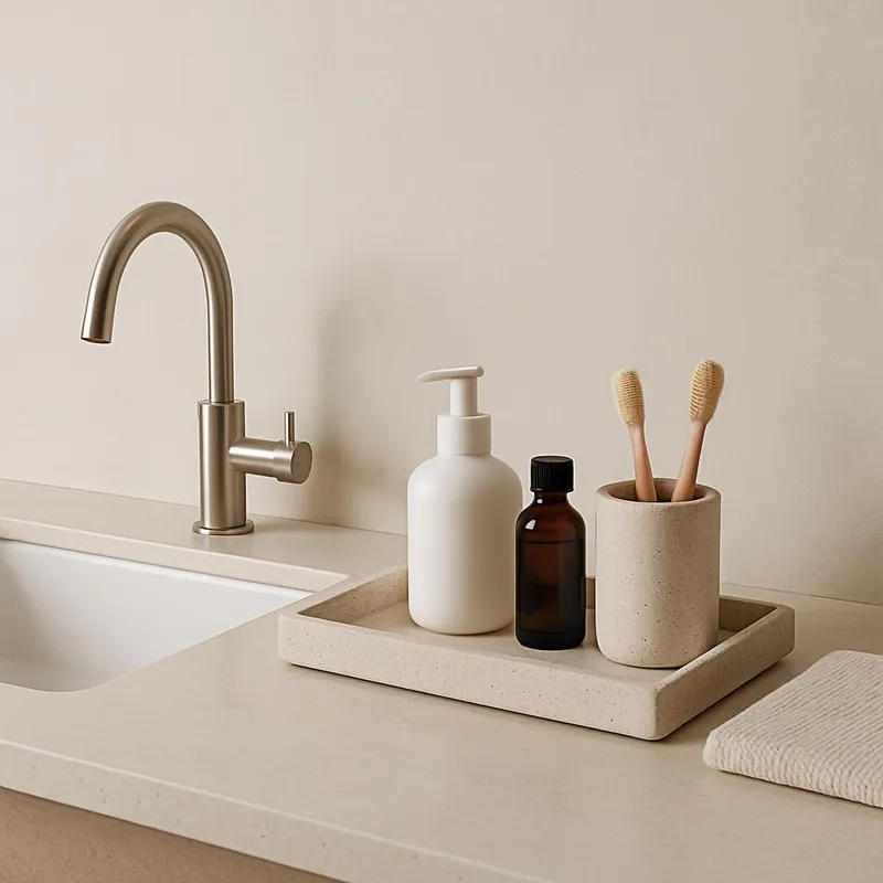 Minimalist bathroom counter with essentials in a tray