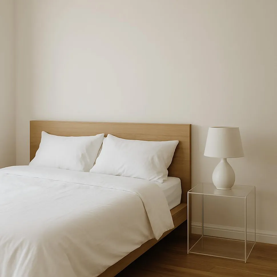 Minimalist bedroom with clear nightstand