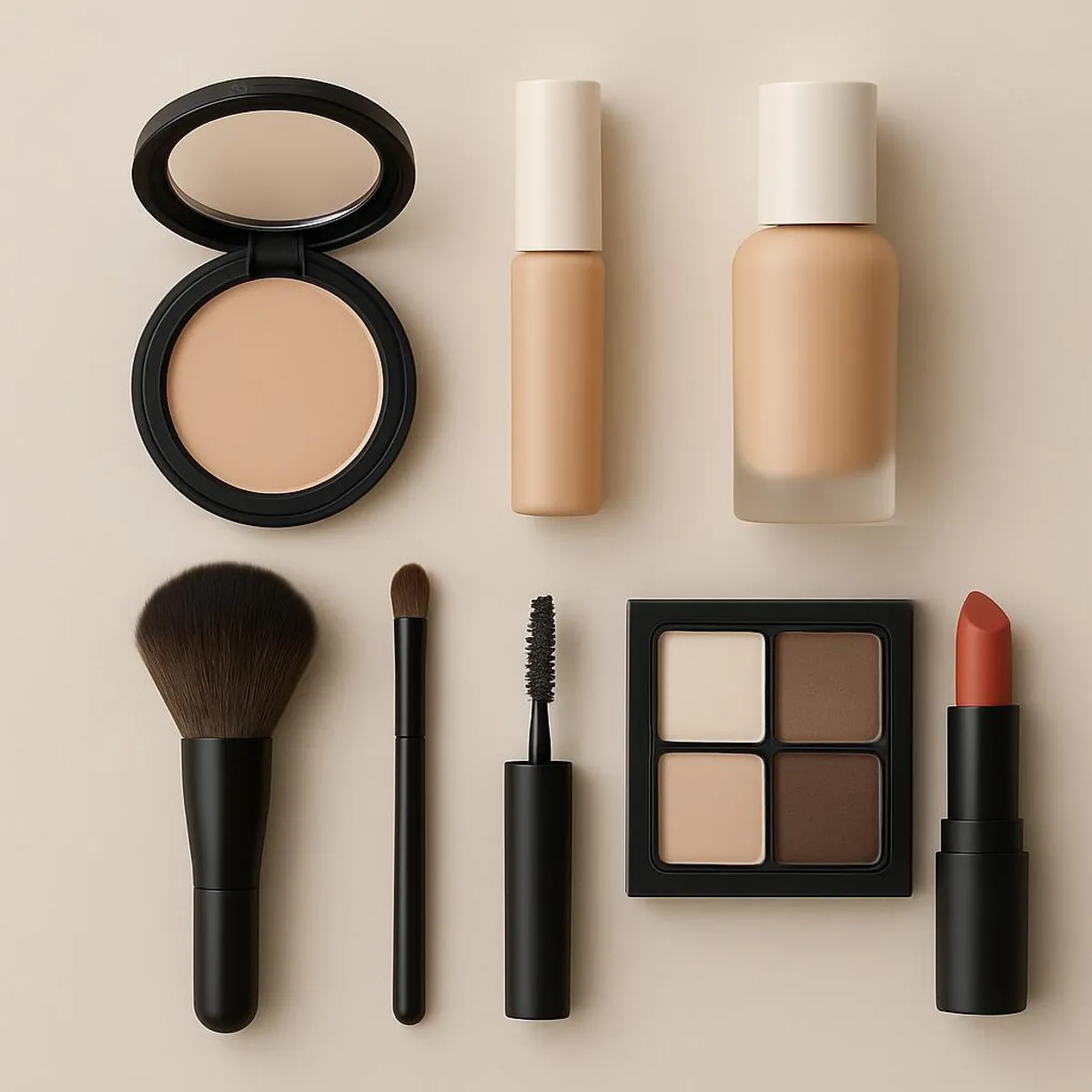 Minimalist capsule makeup kit neatly laid out
