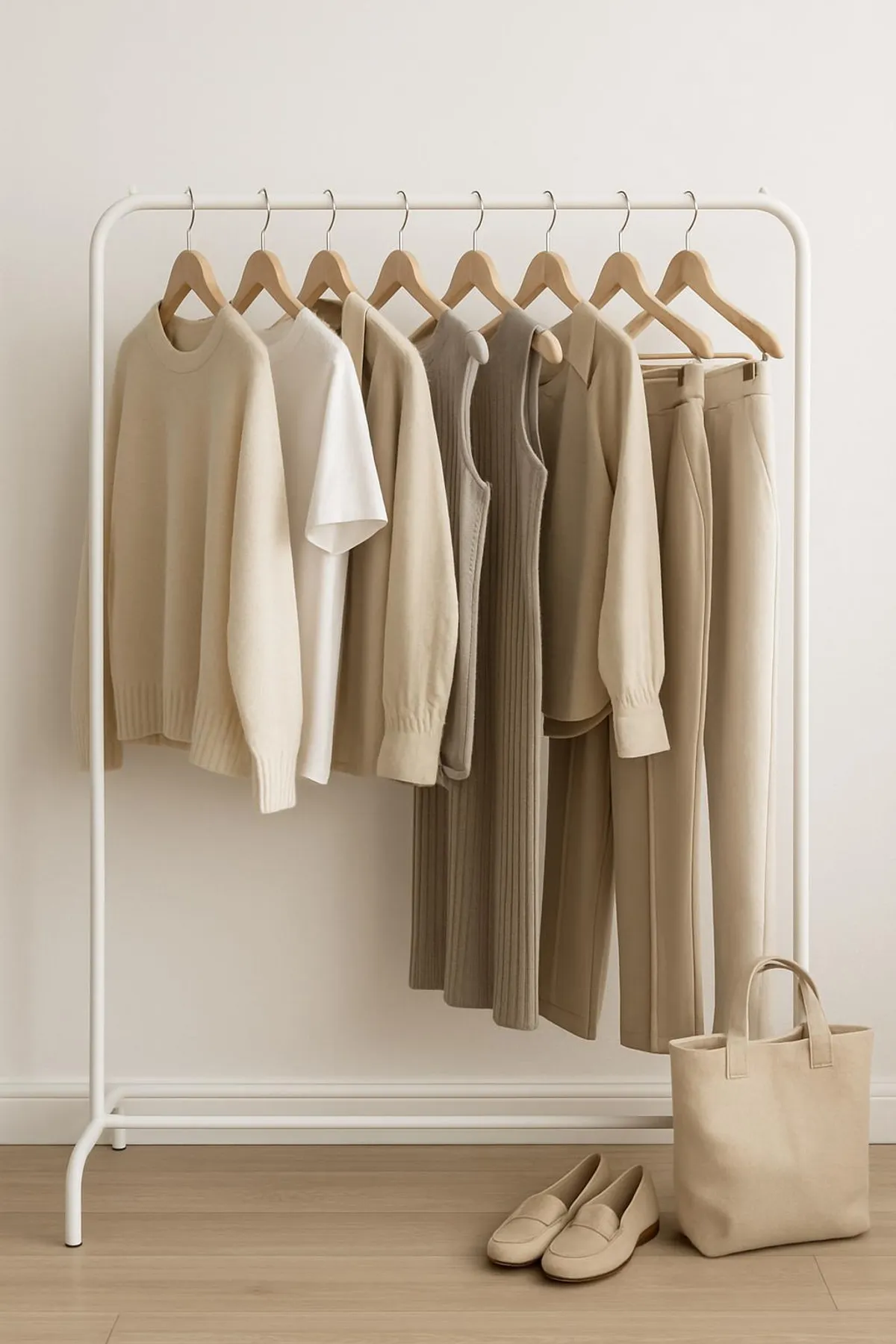 Minimalist clothing rack with neutral capsule pieces