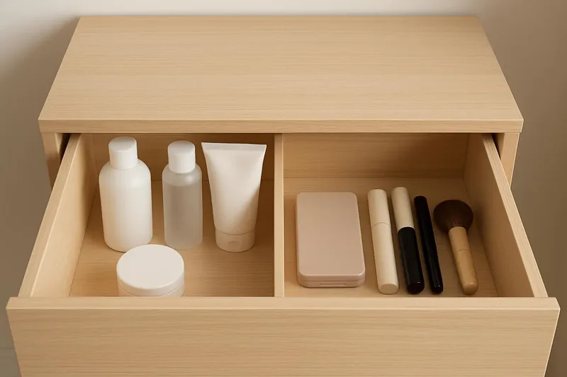 Minimalist drawer with neatly packed toiletries and makeup