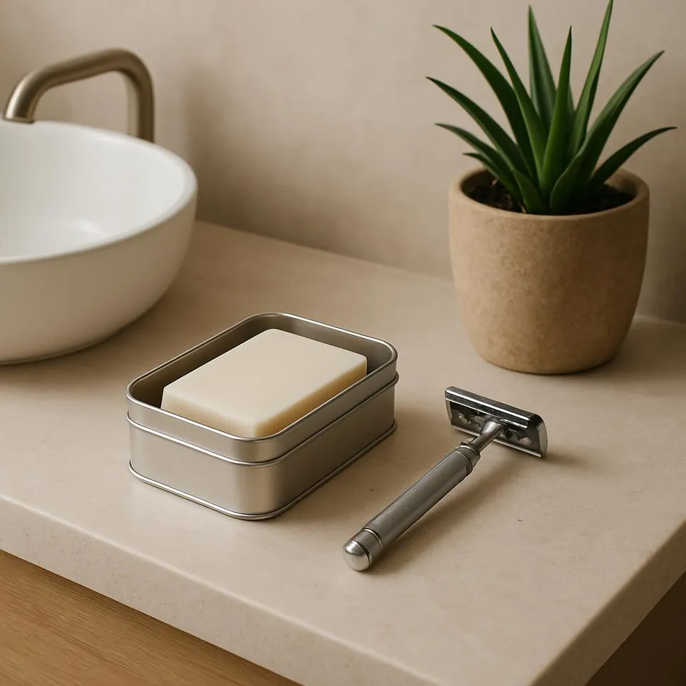 Minimalist eco-friendly bathroom counter with soap in a tin and reusable razor