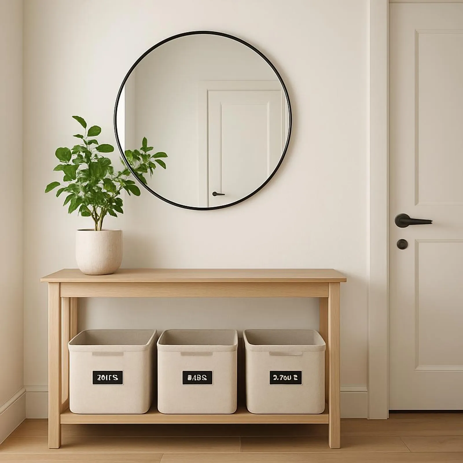Minimalist entryway with a mirror, a small plant, and labeled bins