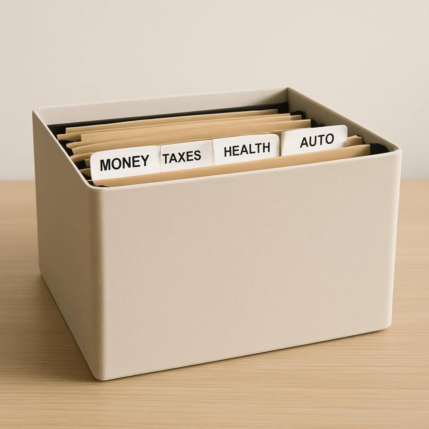 Minimalist file box with labeled folders for Money, Taxes, Home, Health, Auto.