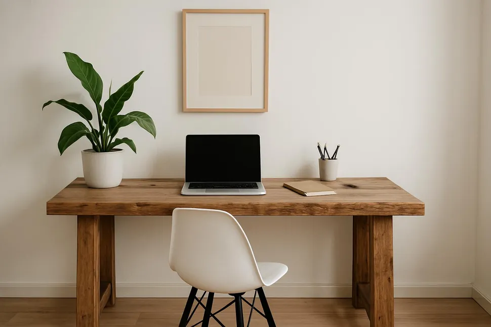 Minimalist home office with upcycled wood desk