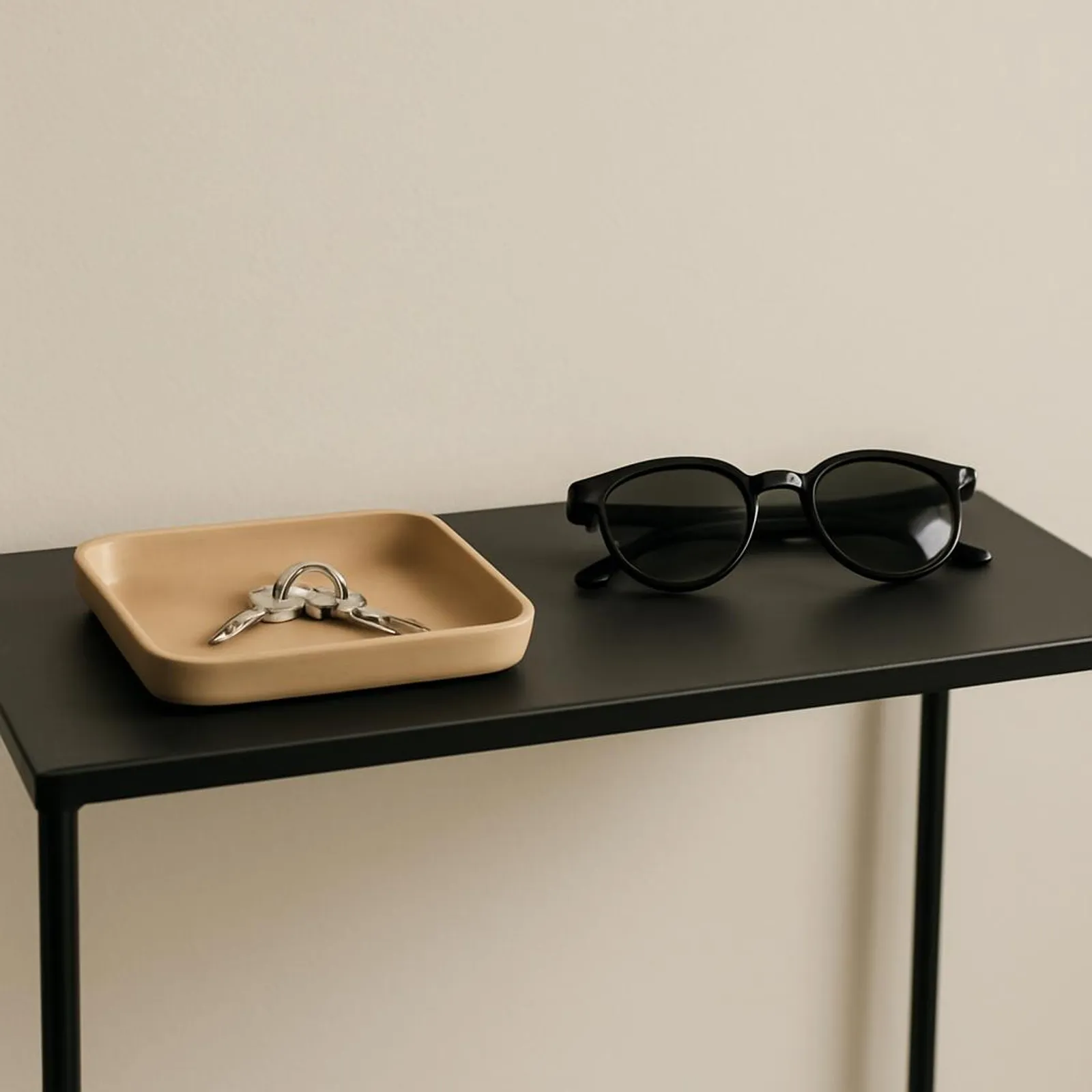 Minimalist key tray and sunglasses on a small console table
