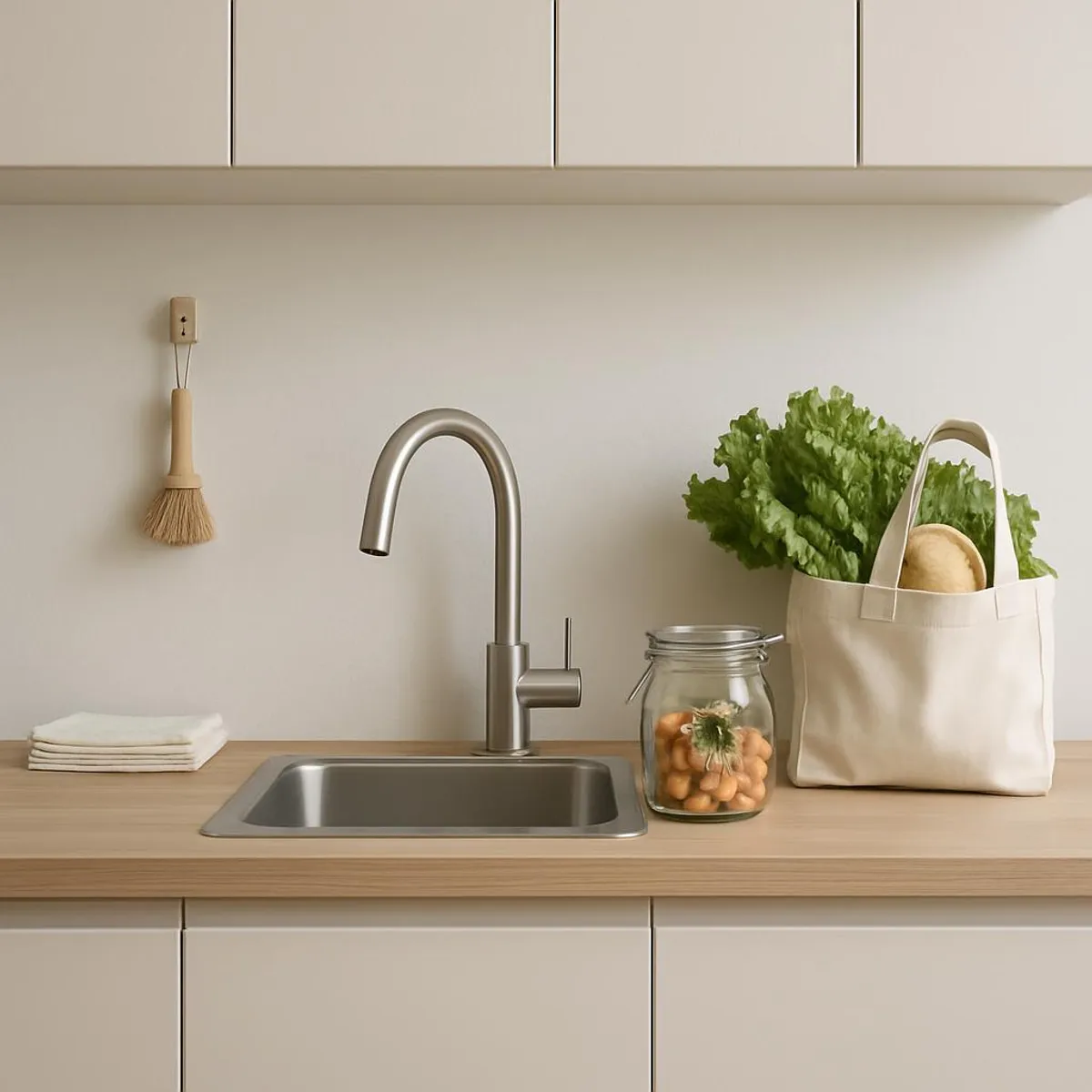 Minimalist kitchen scene emphasizing simplicity and reduced waste