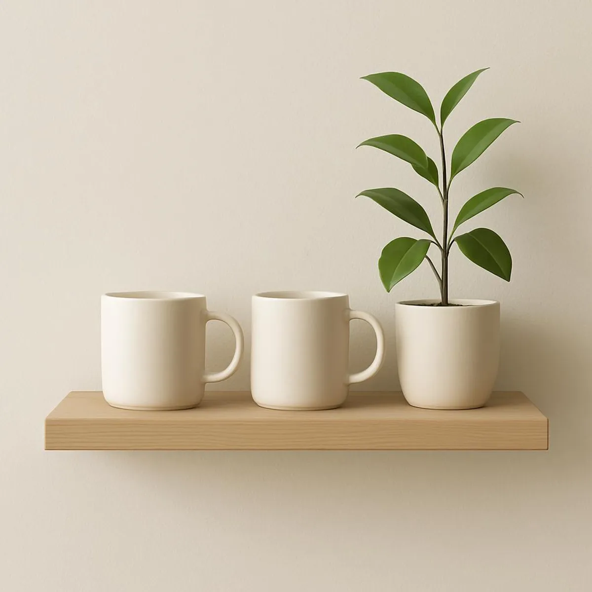 Minimalist mug shelf with two matching mugs and a plant.