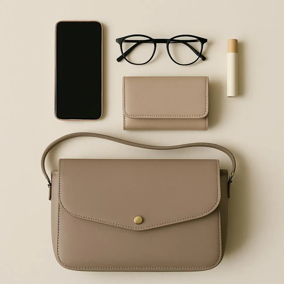 Minimalist purse with essentials laid neatly