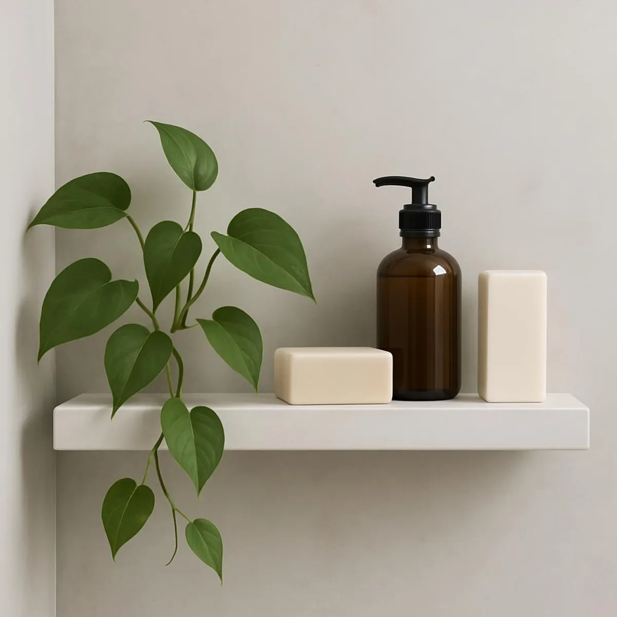 Minimalist shower shelf with bar products and a leafy plant