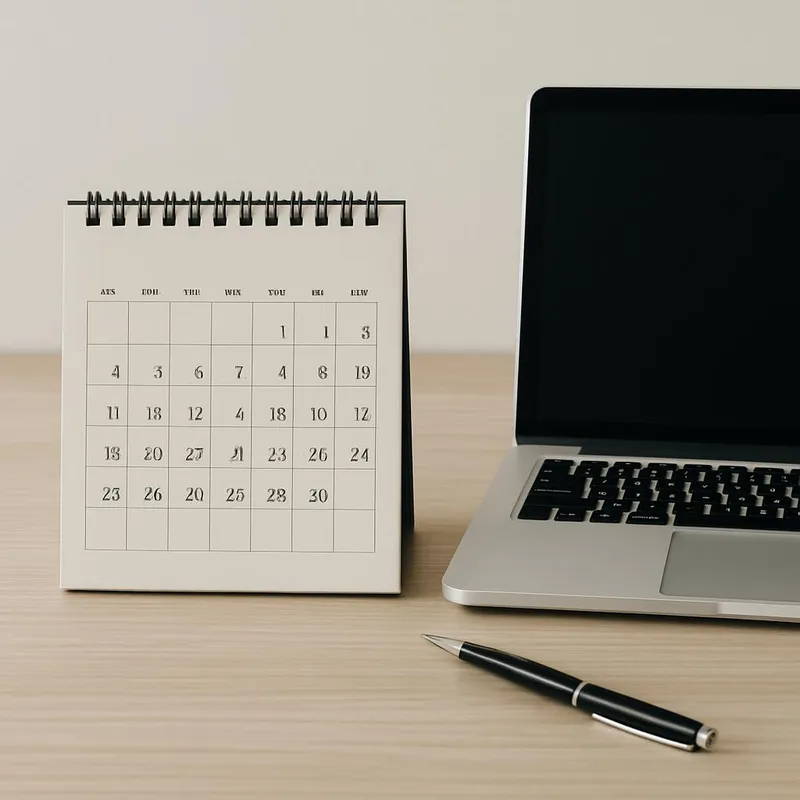 Minimalist work setup with a calendar, laptop, and pen