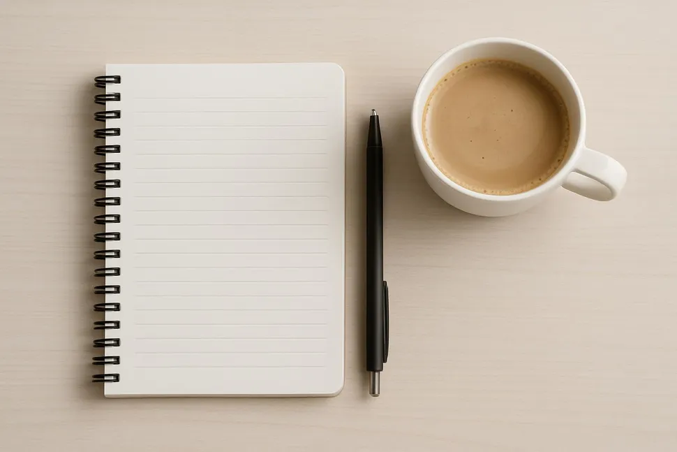 Minimalist workspace with notebook, pen, and coffee