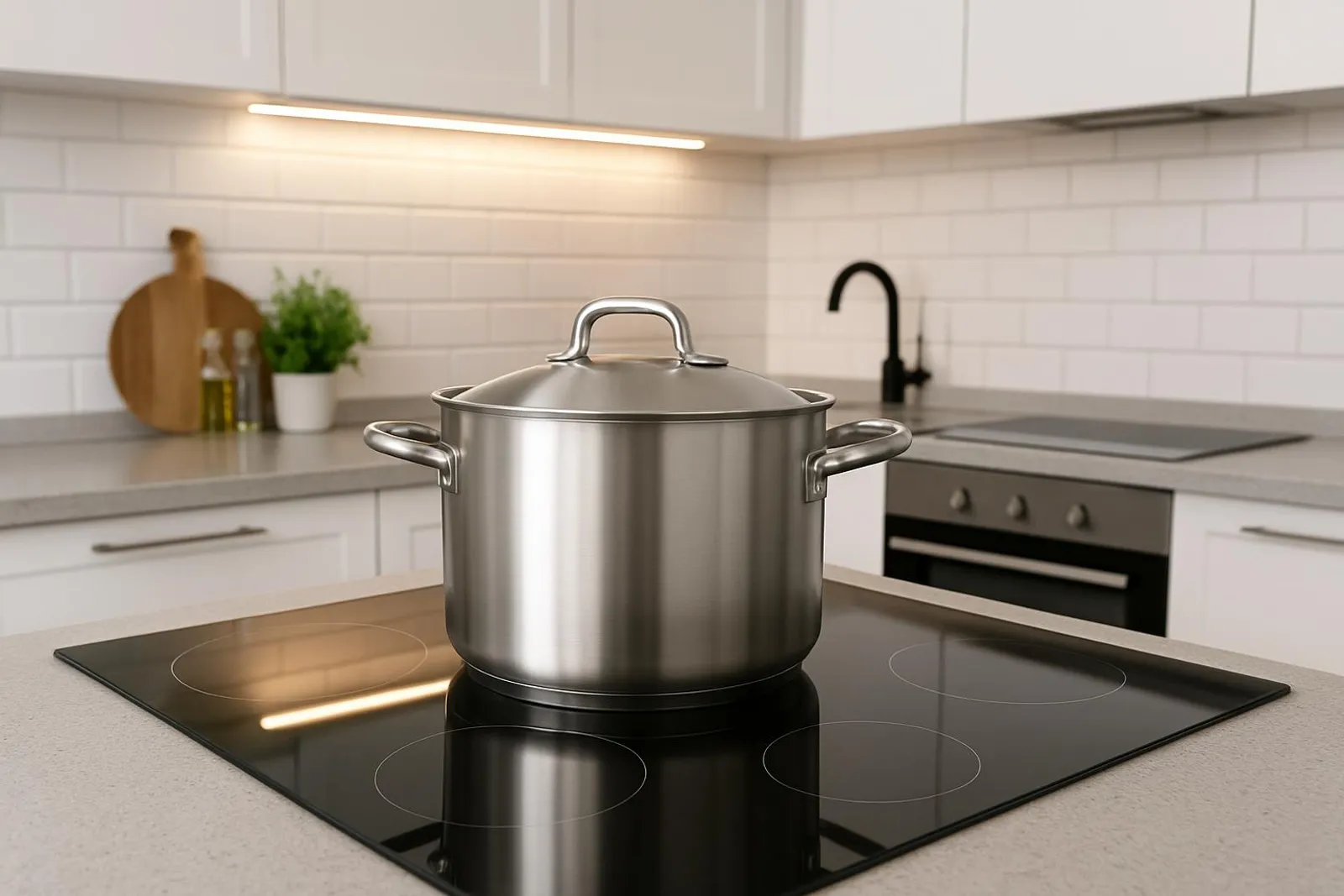 Modern kitchen with a sleek glass cooktop and stainless pot