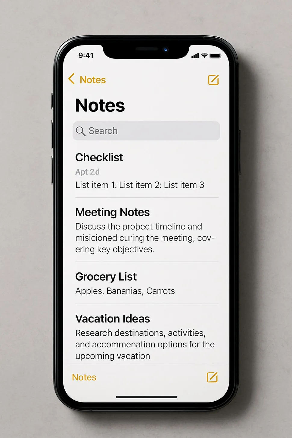 Modern notes app screenshot mockup on phone