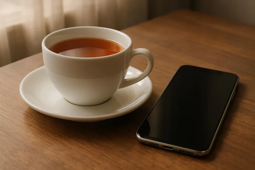 Morning tea cup next to a phone